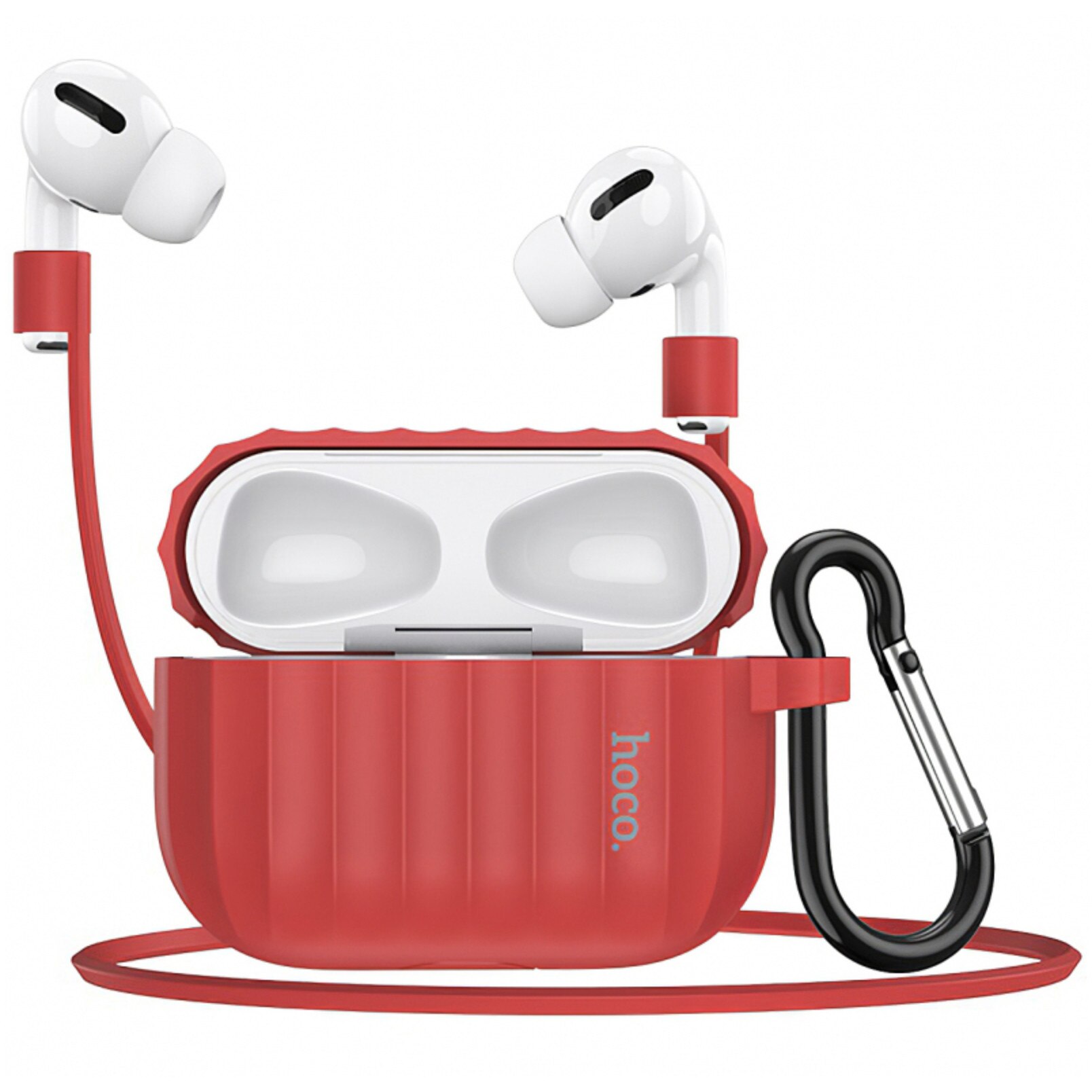 Husa compatibila cu Airpods PRO, cu suport snur pentru casti si carabina de siguranta, Bibilel silicon high quality, rosu, BBL2156