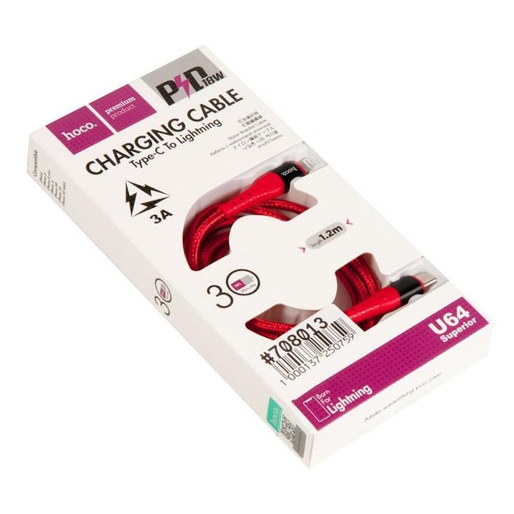 Кабел с оплетка HOCO. Premium Product U64 standart PD 18W, USB-C to Lightning, 1.2m, Червен