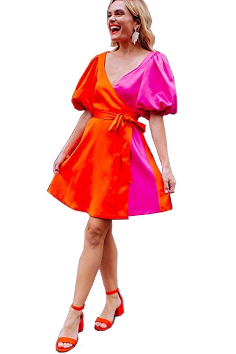 Дамска рокля The Drop AZ14125-3941582, V-образно деколте, Бухнали ръкави, С колан, Оранжев/розов, S