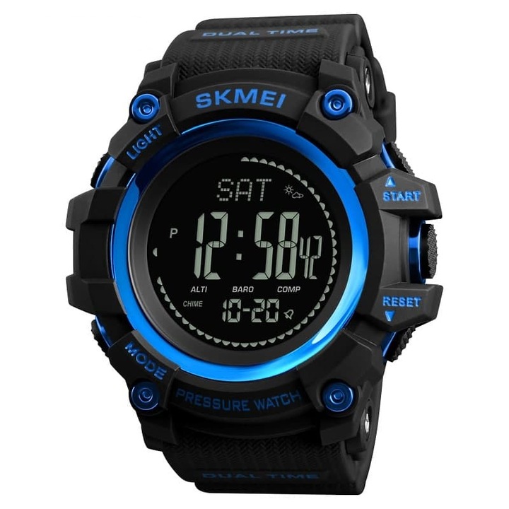 Мъжки часовник Skmei, множество функции, термометър, компас, алтиметър, хронометър, аларма, дисплей за дата, подсветка, спорт, черно/синьо