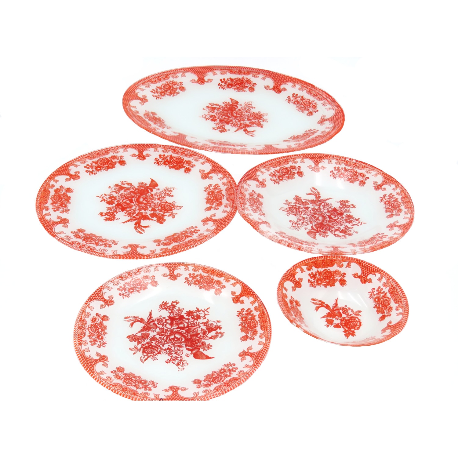 Set 25 piese servire, farfurii , boluri, platou, sticla , alb cu model floral rosu