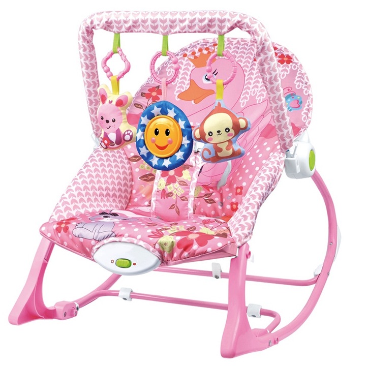 Balansoar si scaun ROCKER AKU, 3 in 1 cu Spatar reglabil Recliner, cu sunete si vibratii calmante pentru bebelusi si copii, Roz AK5011
