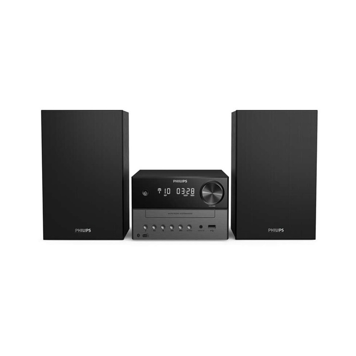 Професионална аудио микросистема Philips, CD, MP3-CD, USB, DAB+, FM, Bluetooth свързаност, USB порт за зареждане, Мощност 18 W, Управление на цифров звук, Черен