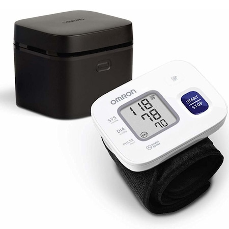Tensiometru electronic de incheietura complet automat Omron RS2, validat clinic, Tehnologie Intellisense, Indicator pentru puls neregulat, Afisaj LCD, Carcasa de protectie, Alb