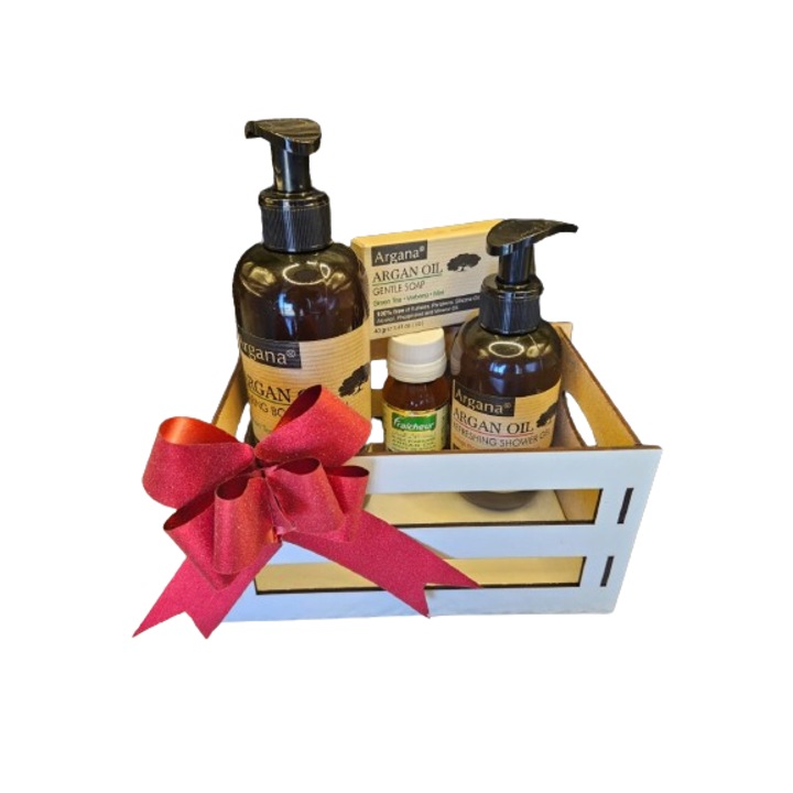 Set cadou cutie lemn, produse cosmetice cu ulei de argan, Argana, lotiune de corp 400 ml, gel de dus 200 ml, ulei fraicheur 60 ml, sapun 40 gr