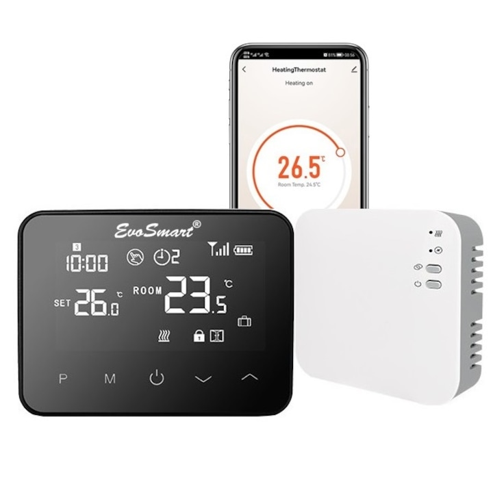Termostat de ambient inteligent EvoSmart™ WT-20, WI-FI, Controlat Prin Internet/Smartphone, Compatibil Cu Orice Centrala Termica Pe Gas, RF Wireless, Pentru Controlul Temperaturii Ambientale, Negru