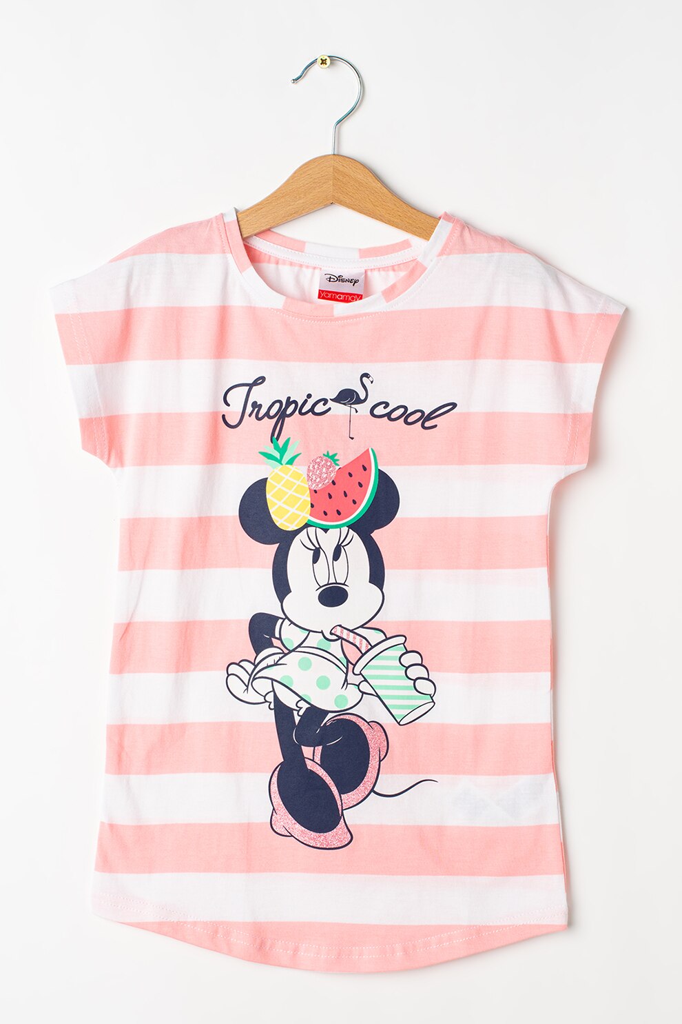 Yamamay, Camasa de noapte de bumbac cu Minnie Mouse, Alb/roz pastel/negru