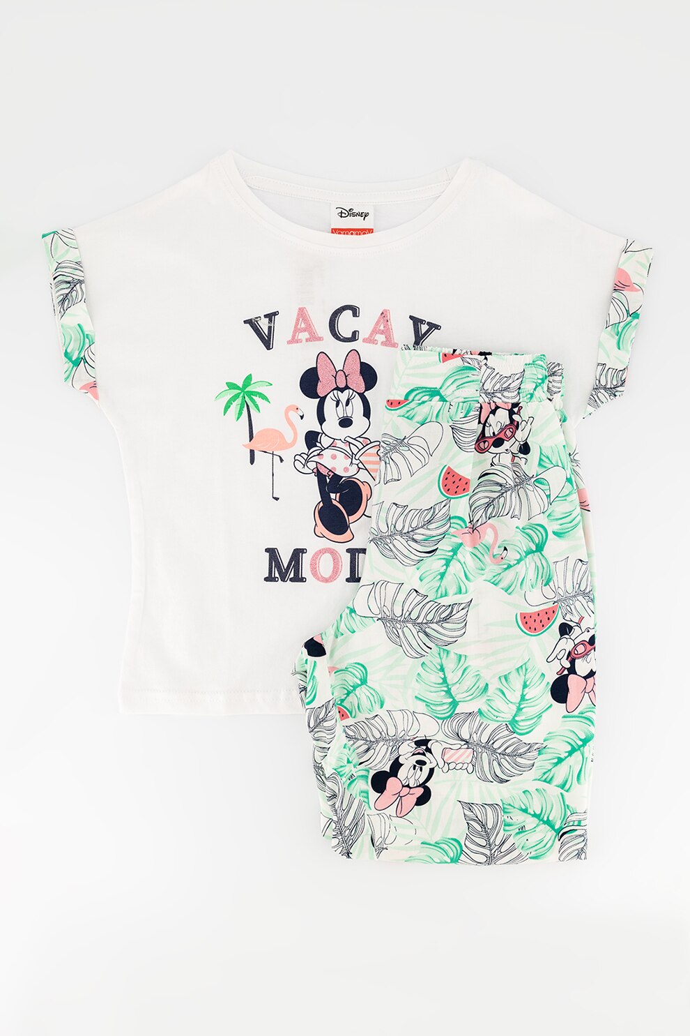 Yamamay, Pijama cu imprimeu Minnie Mouse, Alb/Roz pastel/Verde deschis