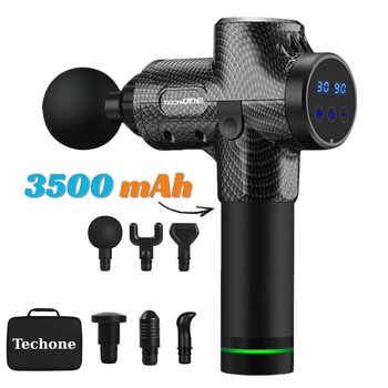 Aparat Pentru Masaj Profesional Tip Pistol Horigen® Power Pro Techone V1, 30 Viteze, Acumulator 3500 mAh, Motor Silentios Fara Perii, 3200 Percutii, Sistem Racire, 6 Capete, Servieta Depozitare, Negru