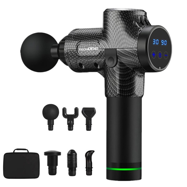 Horigen Power Pro V1 Pisztolymasszírozó, professzionális, 30 sebesség, csendes kefe nélküli motor, 3200 ütés, hűtőrendszer, 2500mAh, 6 vég, tároló aktatáska, fekete