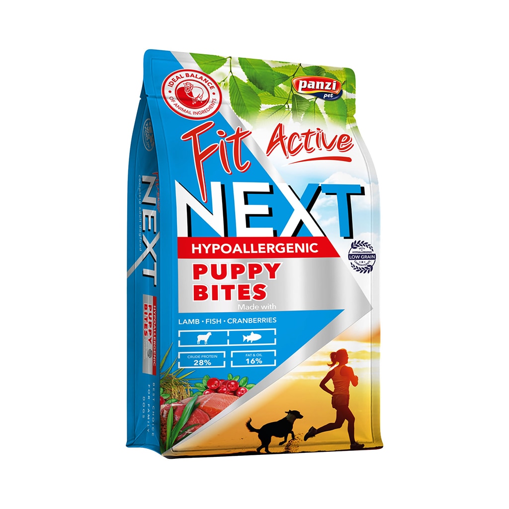 Hrana uscata pentru caini Fit Active Next Hipoalergenic Puppy Bites 3 kg, miel si peste