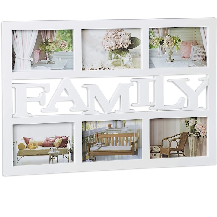 Relaxdays Family képkeretek, kollázs 6 képből, fehér, 48 x 33 cm