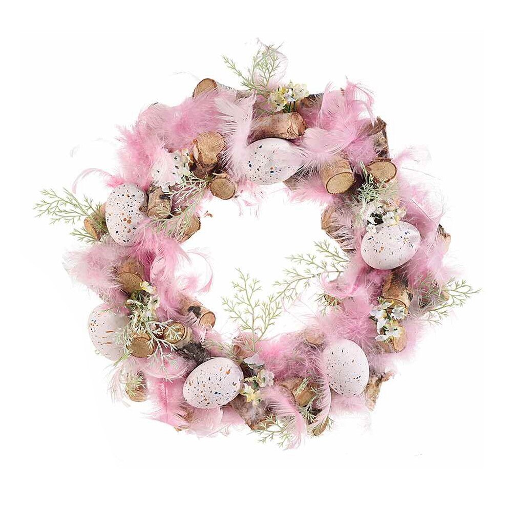 Coronita Paste din lemn decorata cu pene naturale si oua roz Ø 30 cm