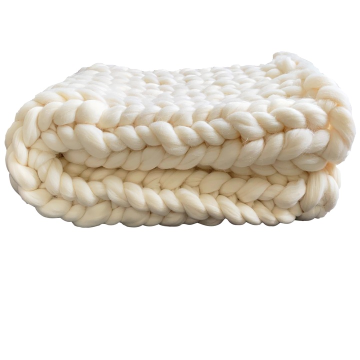 Плетено одеяло, Merino Wooly, изработено от прежда от 100% гигантска мериносова вълна, бяло, 180cm x 160cm