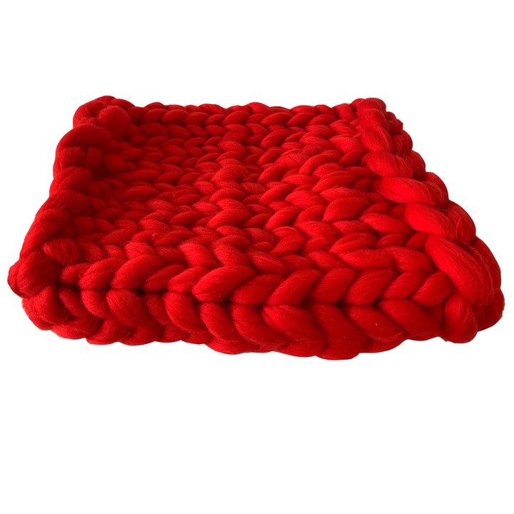 Плетено одеяло, Merino Wooly, изработено от прежда от 100% гигантска мериносова вълна, червено, 170cm x 120cm