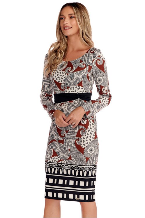 Rochie office, Fashion Loft, midi, maneci lungi, multicolora - S