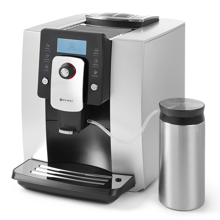 Automata kávéfőző, Hendi One Touch, 1400 W, daráló mellékelve, fekete, programozható italok, tejtartály mellékelve, 600 ml, 302x450x (H) 370 mm