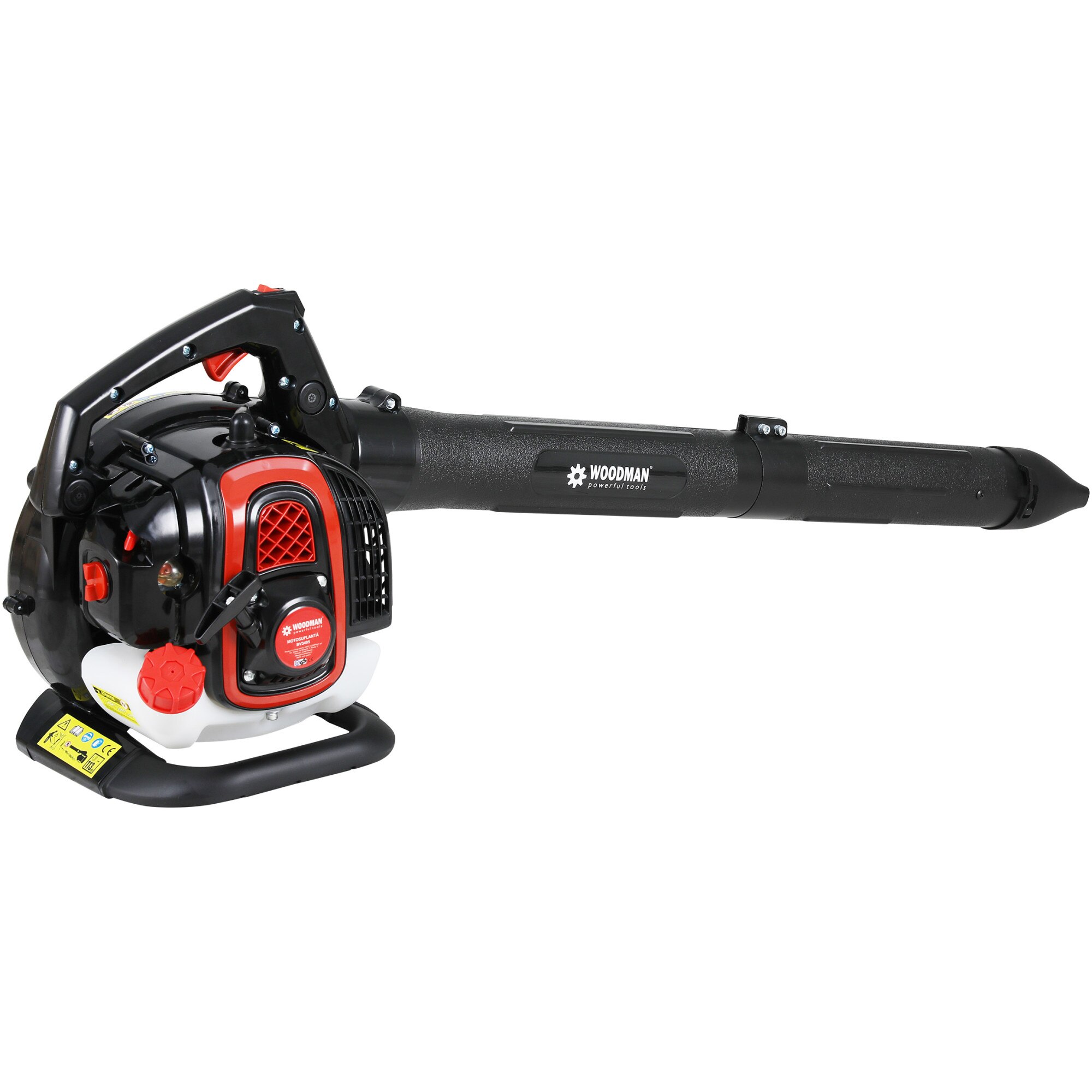 Suflanta si aspirator cu tocator pentru frunze pe benzina WOODMAN TT-BV3405, putere 1 CP, 25.4 CC, 2 timpi, viteza suflare aer 62.7 m/s, viteza aspirare 47.5 m/s, raport maruntire 12:1, sac colector 40 l