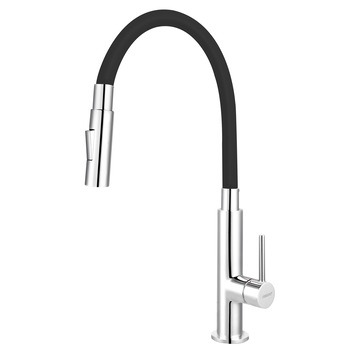 Baterie chiuveta monocomand cu gura flexibila, Ferro, BZA43B Zumba Slim 2L, cap cu 2 functii, insert ceramic, Negru/Argintiu