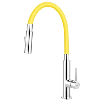 Baterie chiuveta Ferro BZA43C, monocomanda cu gura flexibila, cap de dus cu 2 functii, insert ceramic, galben