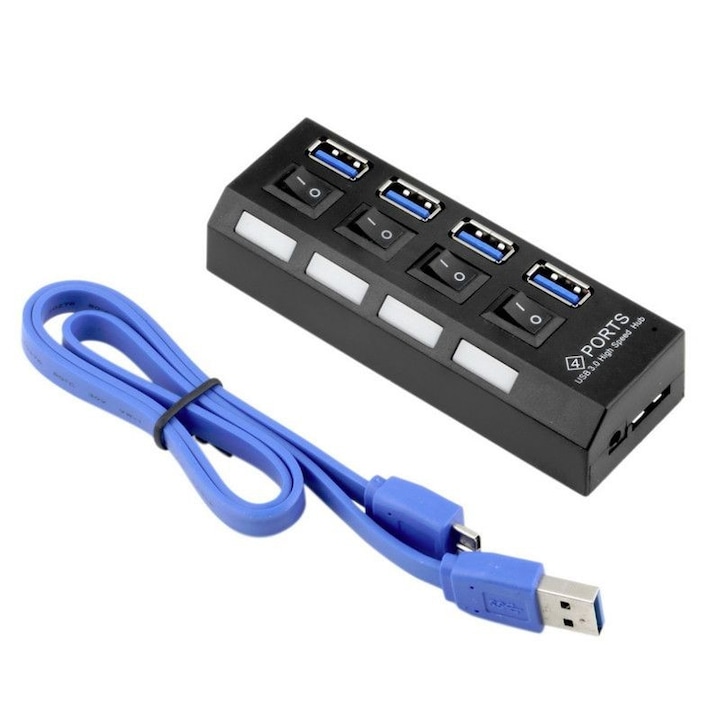 Techstar® HB4 USB-elosztó, 3.0 nagy sebességű, 4 USB 3.0 port, be-/kikapcsoló gomb, USB 3.0 nagy sebességű USB-csatlakozás