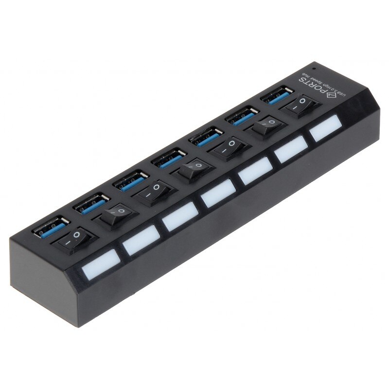 USB Hub Techstar® HB6, 3.0 High Speed, 7 Port USB 3.0, Buton On/Off, Conectiune USB 3.0 de mare viteza