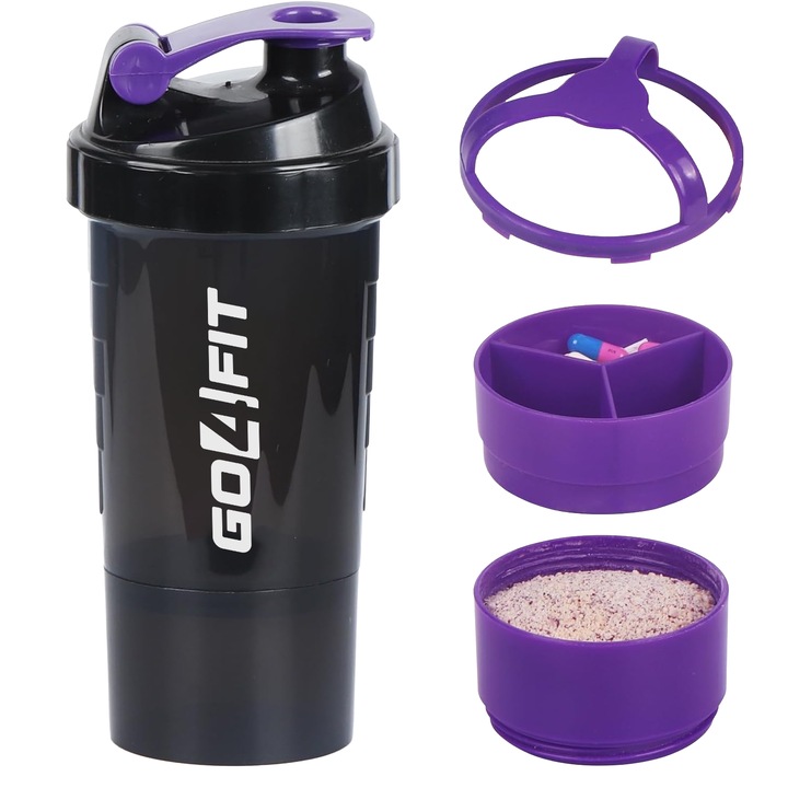 Shaker GO4FIT, din plastic fara BPA, 600 ml pentru prepararea bauturilor proteice, mov