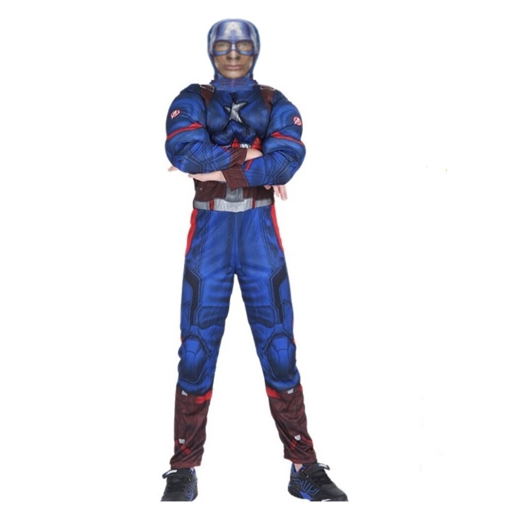 Costum carnaval copii Capitan America cu muschi si cagula, 4-5ani