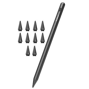 Stylus iPad Touch Pen EvoSmart™ TP Profesional cu 10 penite, Pix pentru tableta iPad Apple, Touch Control, Fara Lag, Functie de Respingere a Palmei, Functie Tilt, Pencil Magnetic, USB-C, Penite POM anti-zgarietura, Negru