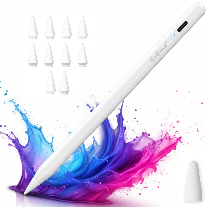 Stylus iPad Pen EvoSmart™ TP Profesional cu 10 penite, Pencil pentru tableta iPad Apple 2018-2025, Touch Control, Fara Lag, Functie de Respingere a Palmei, Functie Tilt, Pencil Magnetic, USB-C, Penite POM anti-zgarietura, Alb