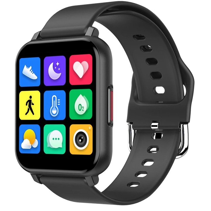 Ceas SmartWatch LikeSmart™ TimeFiT, TFT Tempered Glass Display, 1.55", Oximetru SpO2, Notificari, Monitorizare Ritm Cardiac, si Tensiune Arteriala, Monitorizare Somn,Jocuri, Player Audio, Silicon Black