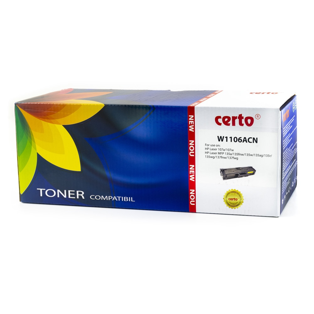 Cartus toner Certo compatibil cu W1106A, 1000 pagini,(Nu include chip), Negru