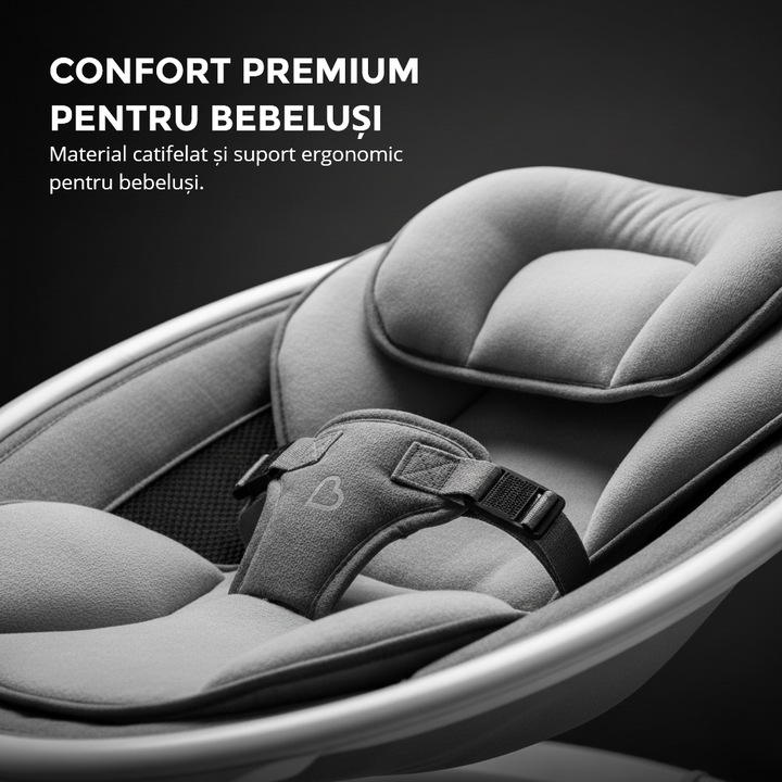 Leagan Electric EvoSmart™ SW, Multifunctional Pentru Bebelusi cu Acoperis Rabatabil Si Plasa Protectie Tantari, Conexiune Bluetooth, 5 Trepte Balansoar, Telecomanda, Jucarii si Melodii, Functie EasyTouch