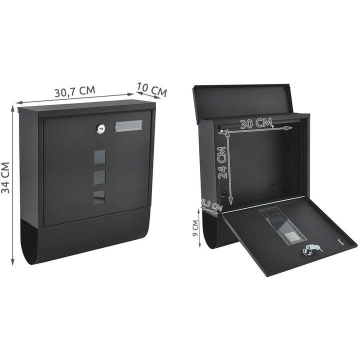 Zola Postaláda, Fém, Újságtartóval, 10 x 30,7 x 34 cm, Fekete