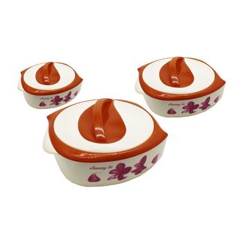 Set 3 caserole termoizolante, Naimeed D3147, culoare Alb / Rosu Set 3 caserole termoizolante, Naimeed D3147, culoare Alb / Rosu