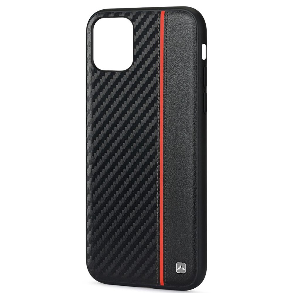 Husa Meleovo Carbon compatibila cu iPhone 11 Pro, placuta metalica integrata, Black & Red
