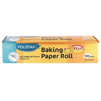Hartie pentru copt Folistar, 100m lungime, in cutie cu dispozitiv taiere Hartie pentru copt Folistar, 100m lungime, in cutie cu dispozitiv taiere