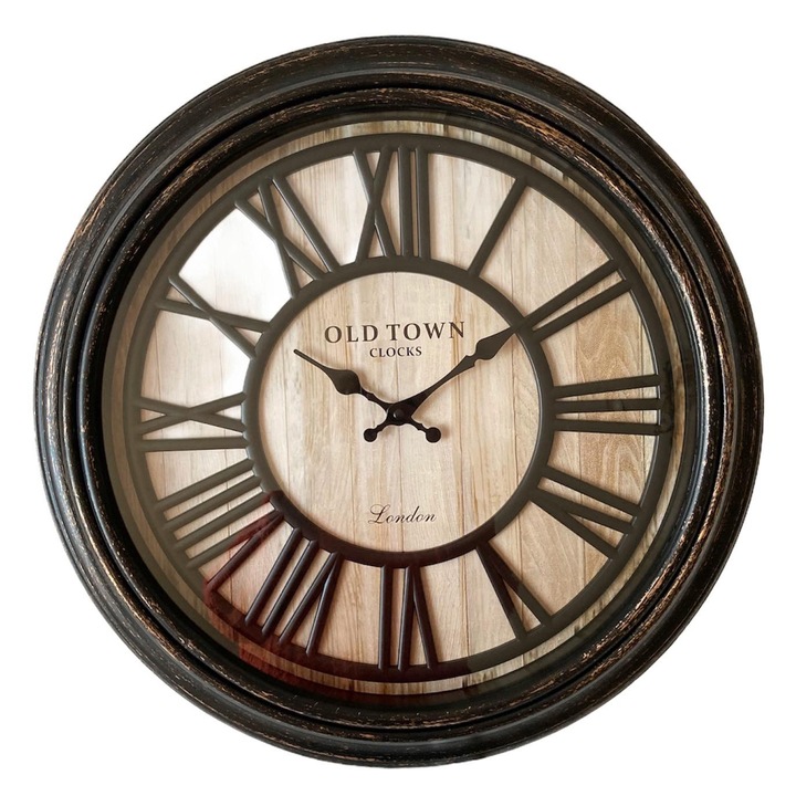 Кръгъл винтидж стенен часовник имитация на дърво, римски цифри, Old Town London, кафяв, 50x50x5 см