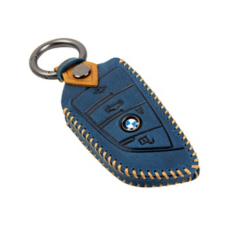 Husa cheie BMW din piele naturala cu inel metalic tip breloc, albastra Husa cheie BMW din piele naturala cu inel metalic tip breloc, albastra