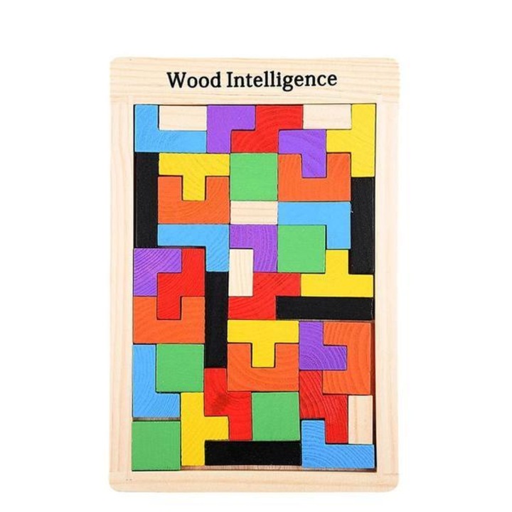 Joc educational de inteligenta Tetris din lemn, multicolor, puzzle cuburi de constructie