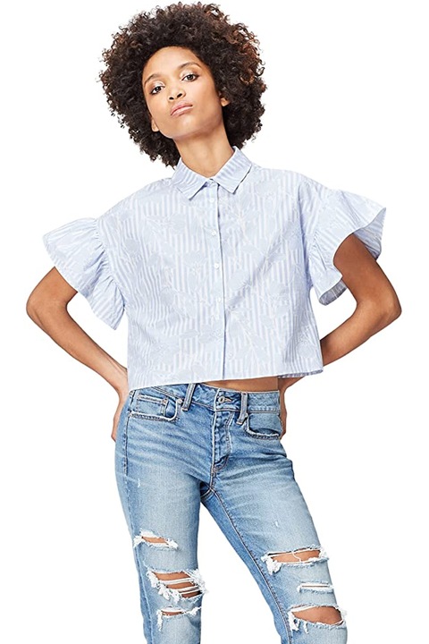 Camasa dama, Find, Maneci scurte, Imprimeu floral, Bumbac, Albastru deschis/Alb, 44/2XL