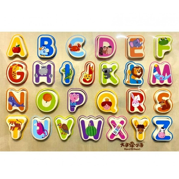 Puzzle incastru din lemn Litere Mari cu Animalute inscriptionate