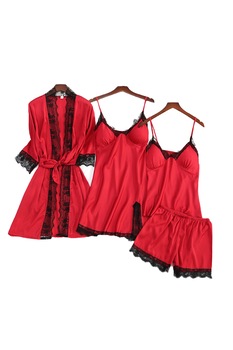 Set pijama, haine de stat in casa sexy, 4 piese, satin si dantela, halat, rochie, maieu si chilot tip pantalon scurt, EFAYN RO, Rosu Set pijama, haine de stat in casa sexy, 4 piese, satin si dantela, halat, rochie, maieu si chilot tip pantalon scurt, EFAYN RO, Rosu