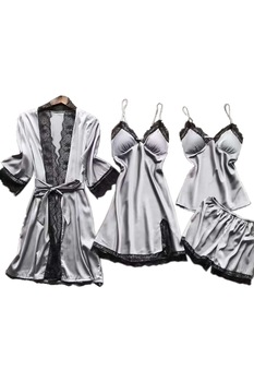 Set pijama, haine de stat in casa sexy, 4 piese, satin si dantela, halat, rochie, maieu si chilot tip pantalon scurt, EFAYN RO, Gri Set pijama, haine de stat in casa sexy, 4 piese, satin si dantela, halat, rochie, maieu si chilot tip pantalon scurt, EFAYN RO, Gri