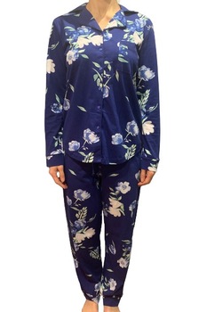 Pijama dama, Vienetta, model cu nasturi si imprimeu flori, bleumarin, M Pijama dama, Vienetta, model cu nasturi si imprimeu flori, bleumarin, M