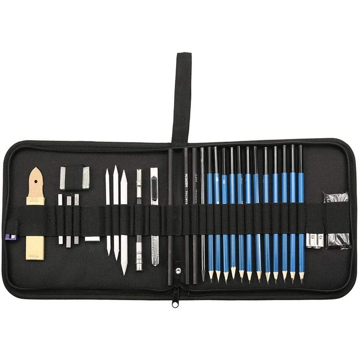 Set de desen YSF, 33 piese, Creioane H&B Sketch, Carbune, Grafit, Accesorii, Multicolor