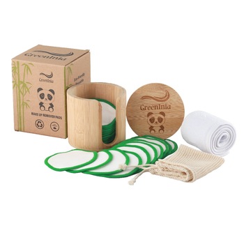 Set dischete demachiante reutilizabile - GREENINIA,16 bucati, confectionate din fibre de bambus si bumbac, cutie de depozitare din bambus Set dischete demachiante reutilizabile - GREENINIA,16 bucati, confectionate din fibre de bambus si bumbac, cutie de depozitare din bambus