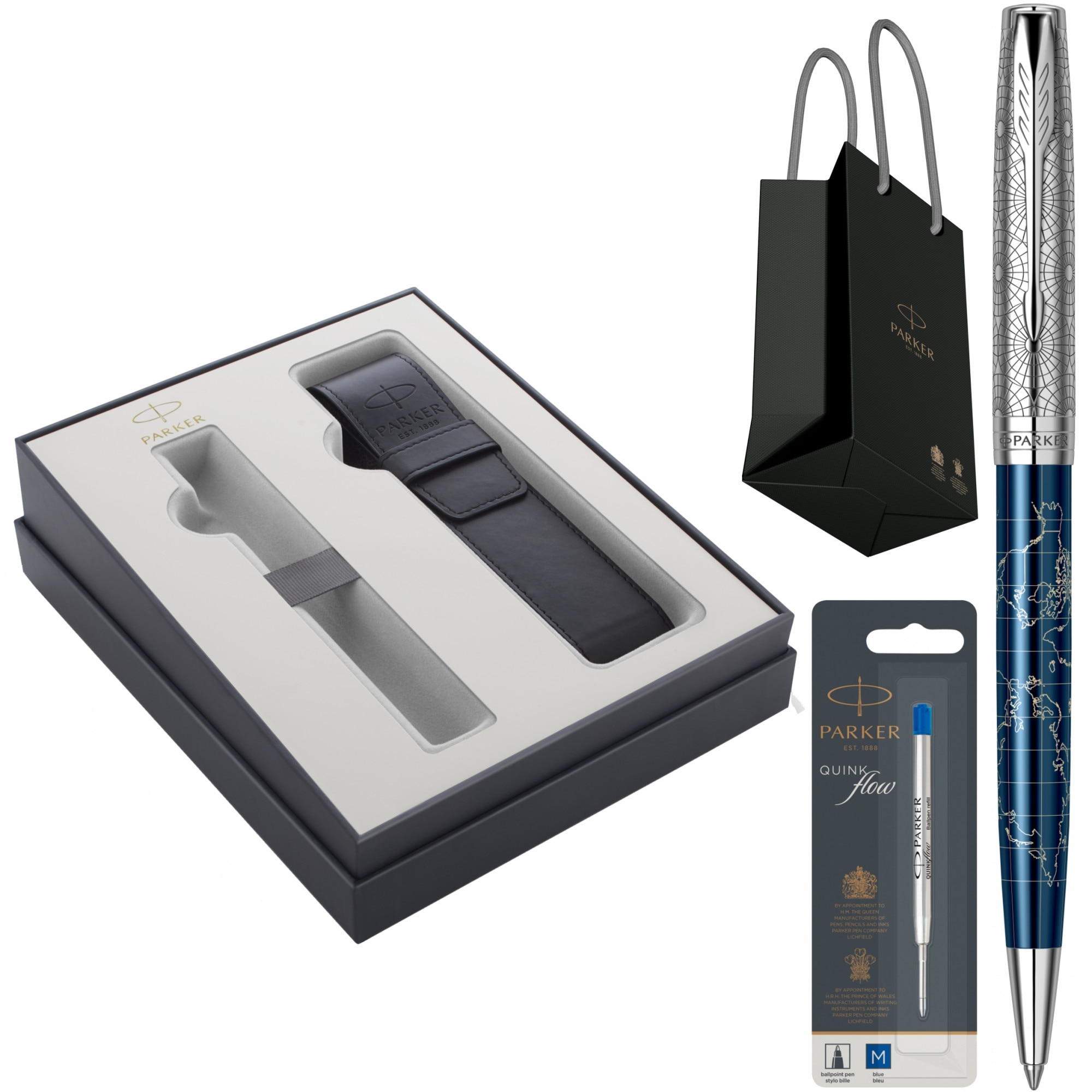 Set Parker Pix Sonnet Royal SE Atlas Blue Silver PDT in cutie cu etui Parker Focus Collection, rezerva mina pix Quink Flow Albastru M/ F si punga