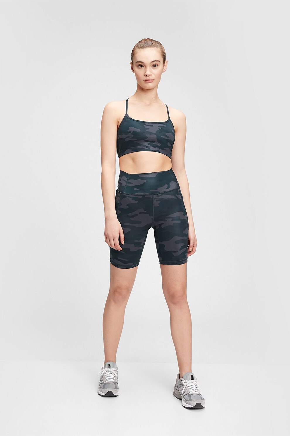 GAP, Colanti scurti cu talie inalta, pentru fitness, Gri inchis/Albastru petrol