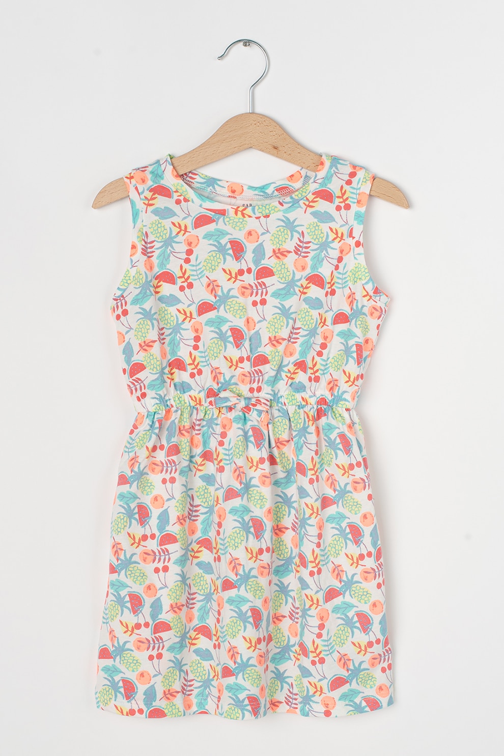 GAP, Rochie din bumbac cu imprimeu si talie elastica, Alb/oranj neon/albastru prafuit